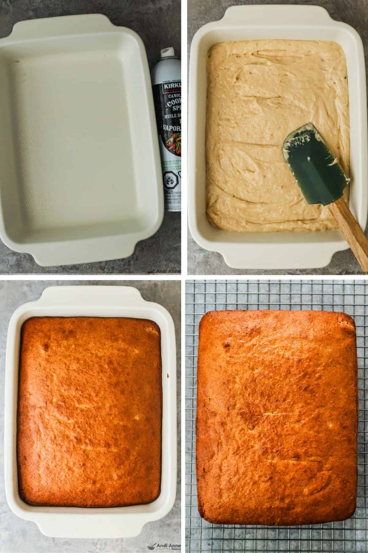 The banana cake batter is added to a greased pan, baked, and then cooled on a wire rack.