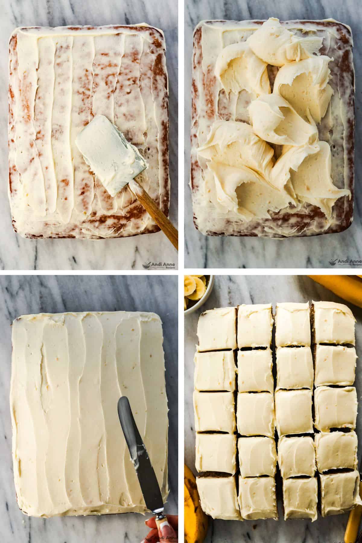 A crumb coat of cream cheese frosting on the banana cake, then a full layer of frosting is spread on the cake. The cake is then sliced into squares.