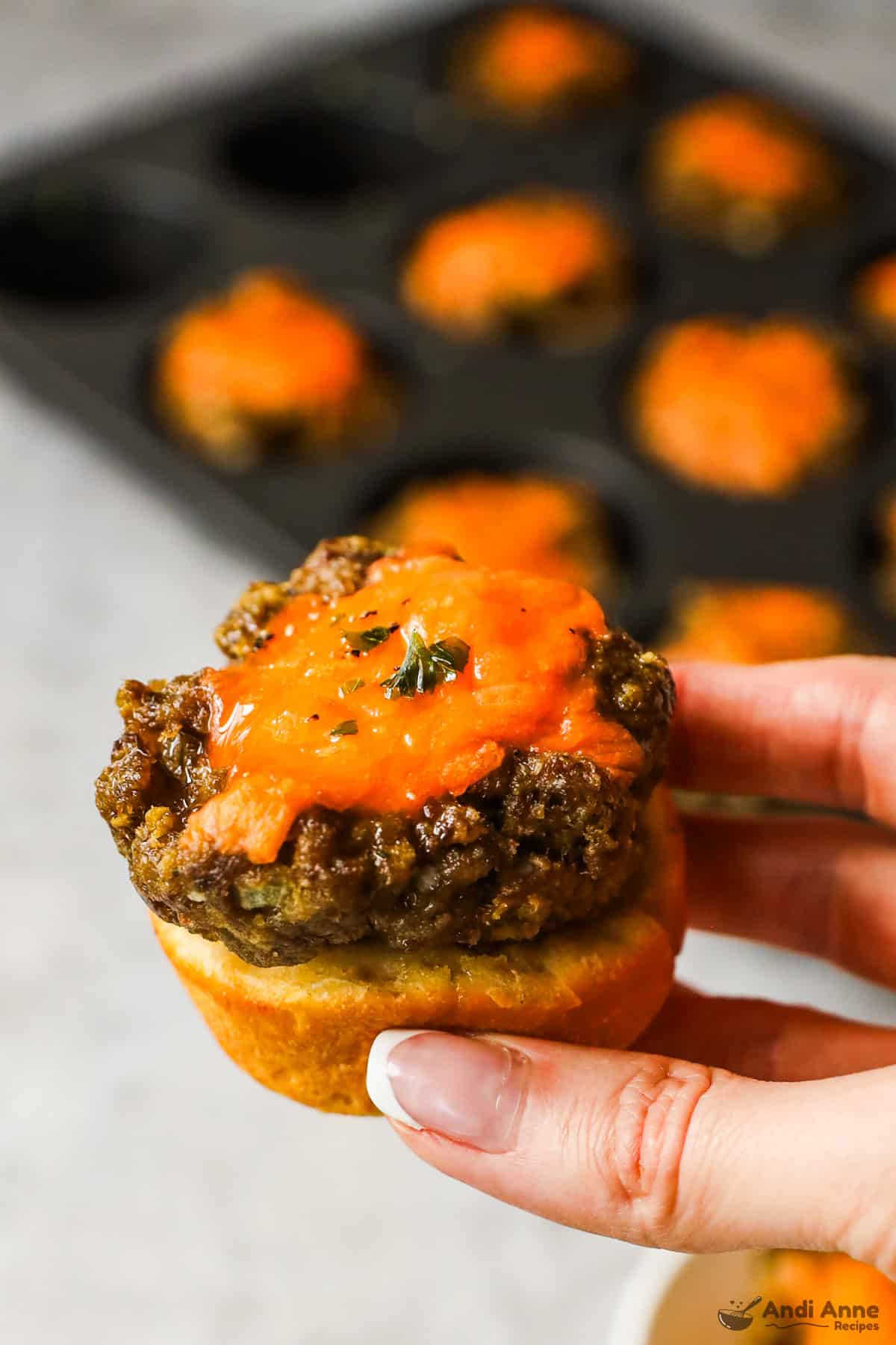 A muffin-sized cheeseburger tart. 