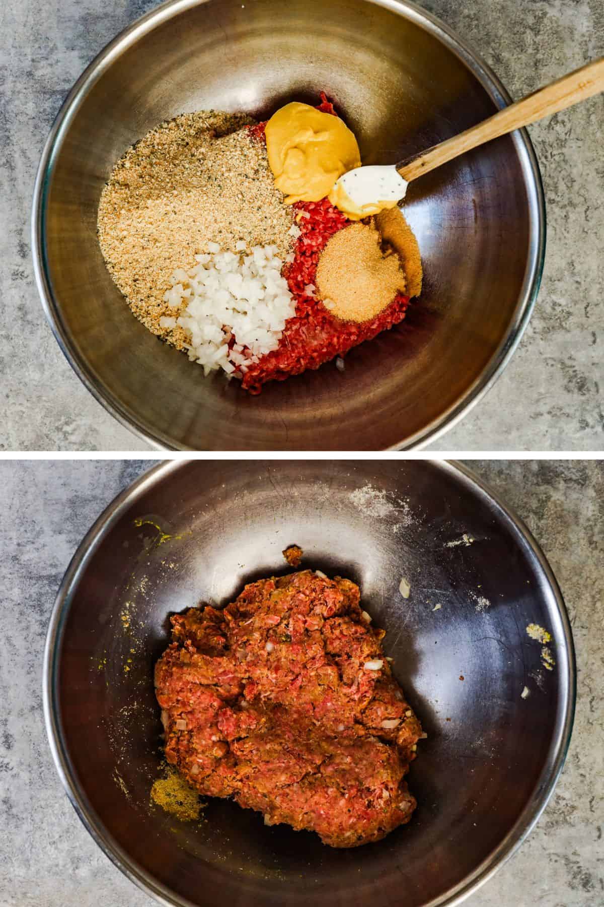 Ground beef, bread crumbs, mustard, diced onion, and garlic powder are mixed in a metal bowl.