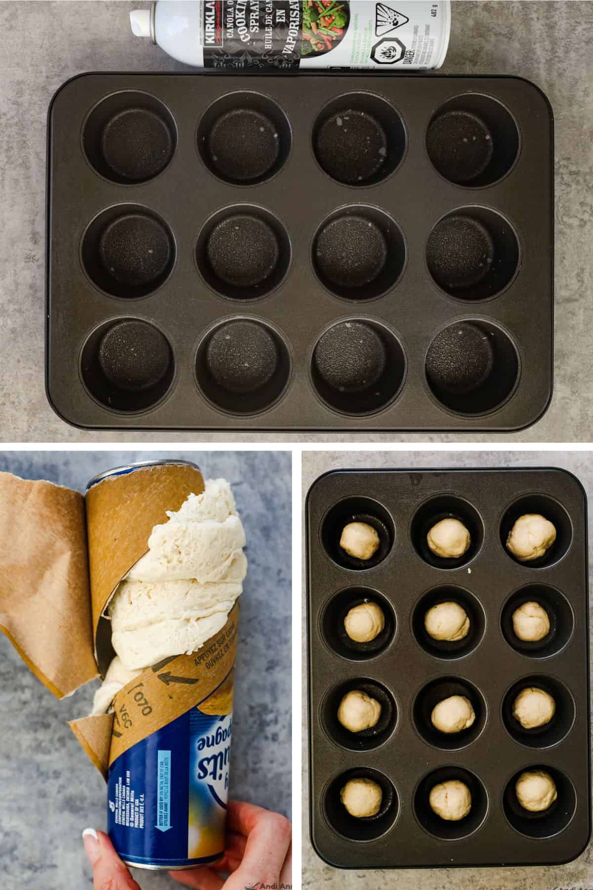 A muffin tin is sprayed with non-stick spray, refrigerated biscuit dough is opened, then separated into 12 pieces and pressed into the muffin tins.