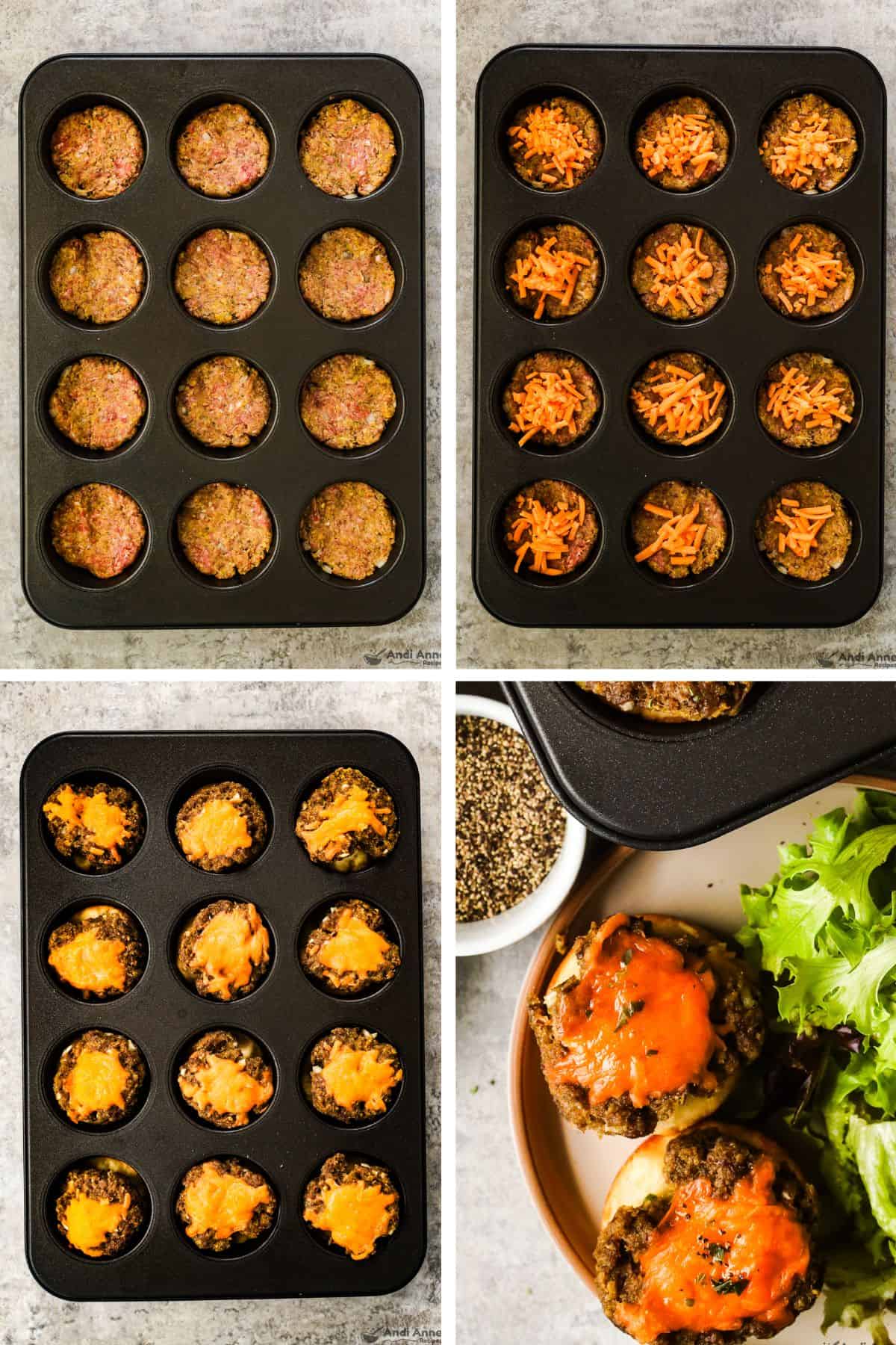 The ground beef mixture is pressed onto the biscuit dough in muffin tins, topped with cheese, baked until the tops are browned, then served with a side salad.
