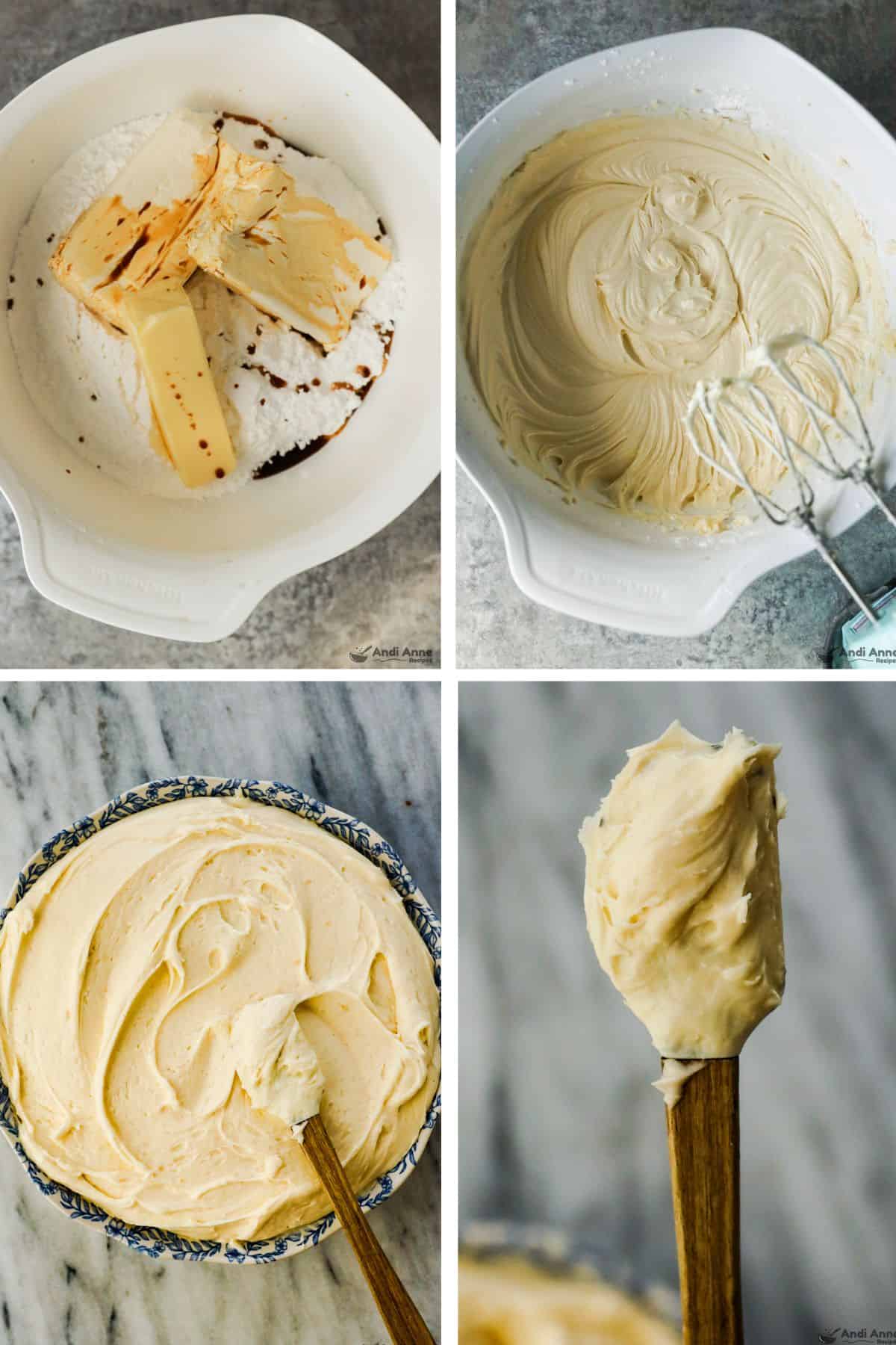 Cream cheese frosting ingredients are whipped together with a hand mixer until light and fluffy. 