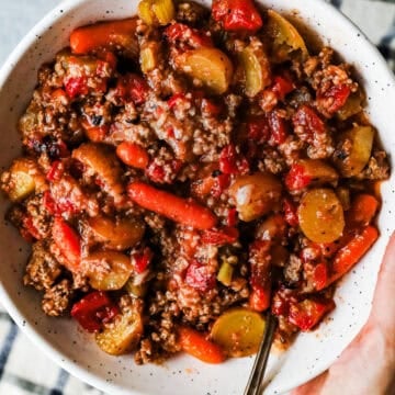 A bowl of Crockpot ground beef stew.