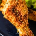 Crispy homemade shake and bake on a chicken leg.