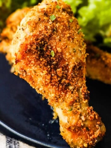 Crispy homemade shake and bake on a chicken leg.