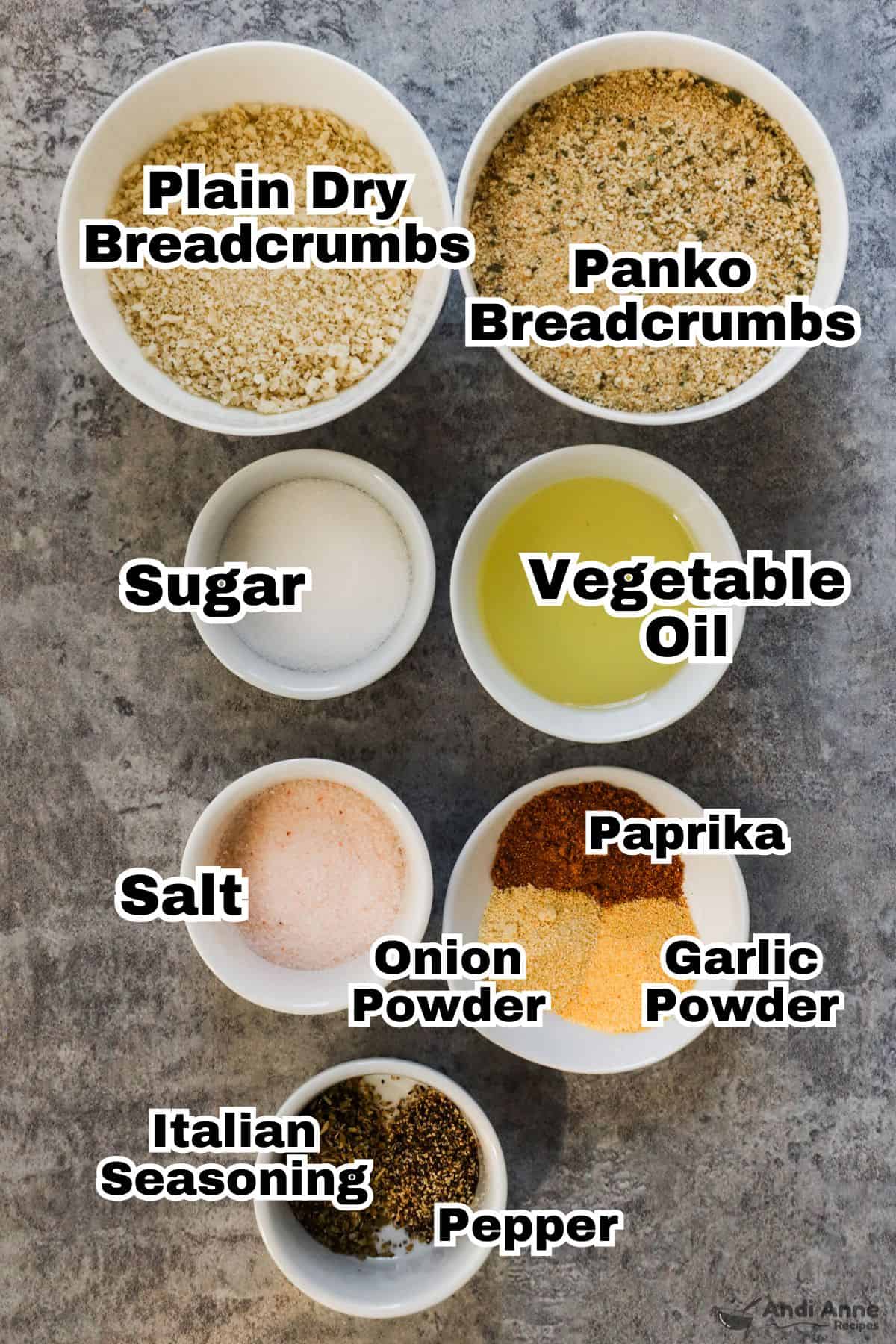 The ingredients to make homemade shake and bake mix are in small individual bowls.