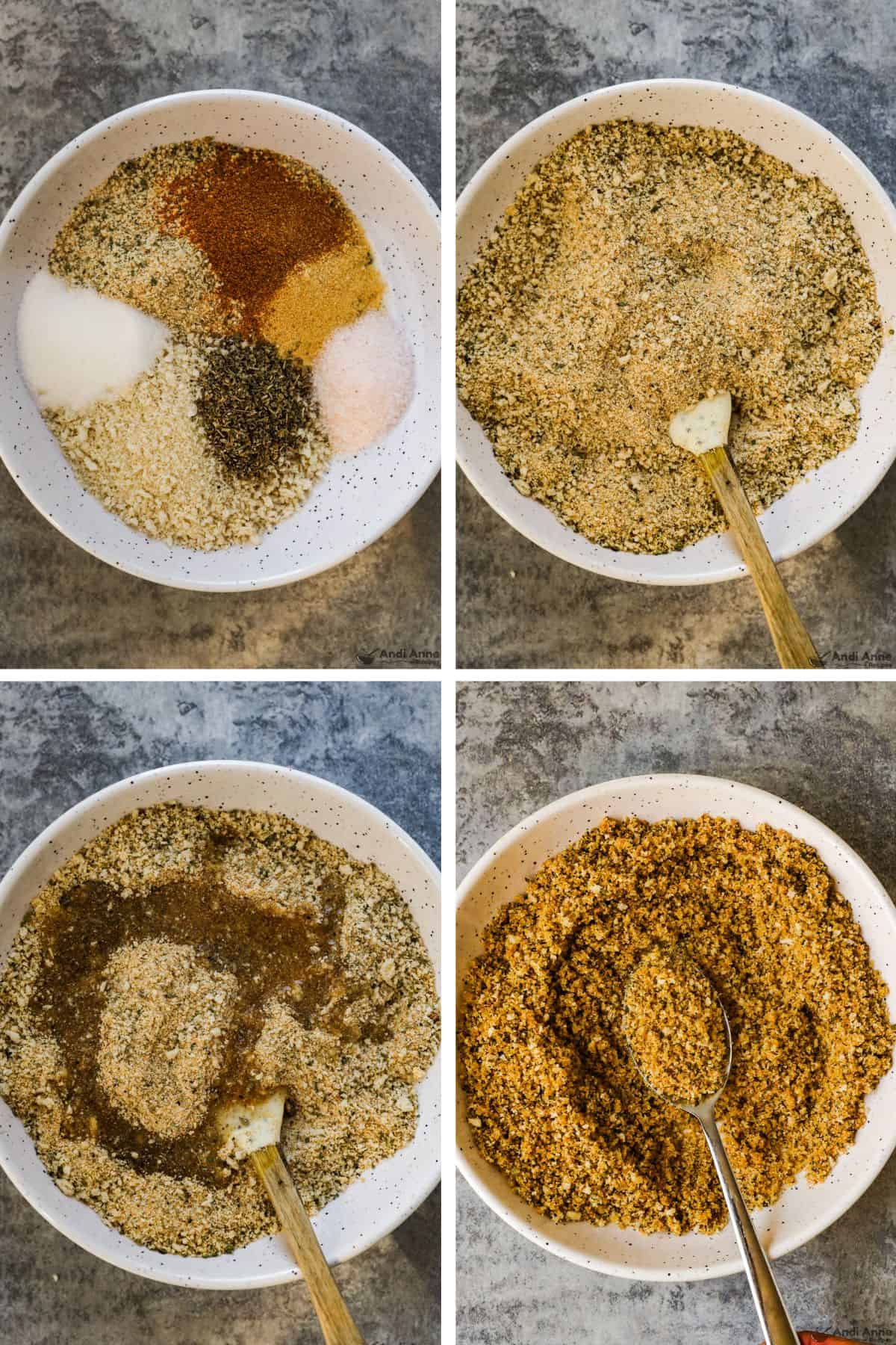 The dry ingredients are mixed together, then oil is added and mixed again to resemble the texture of damp sand.