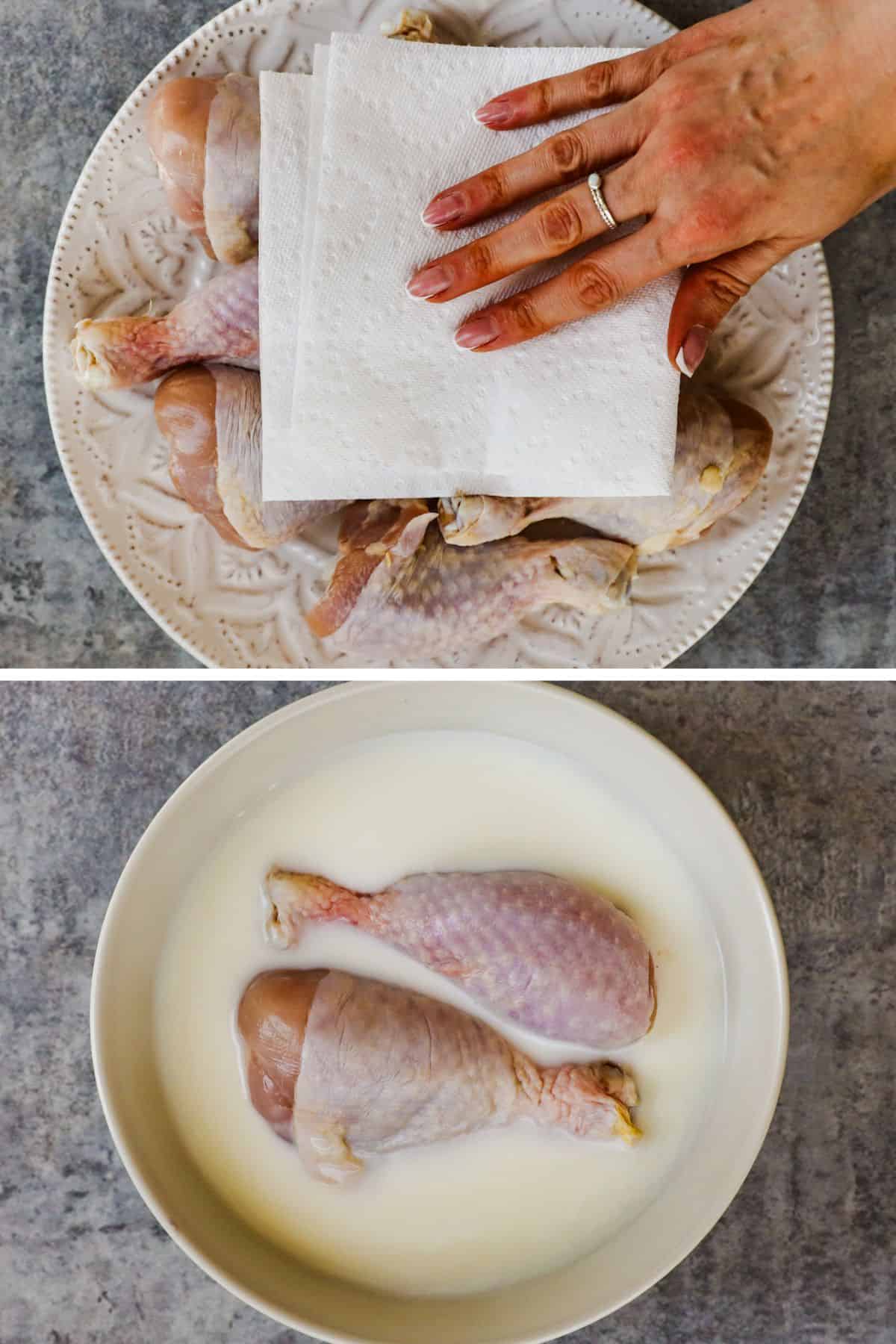 Chicken legs are patted dry with a paper towel and then coated with buttermilk.