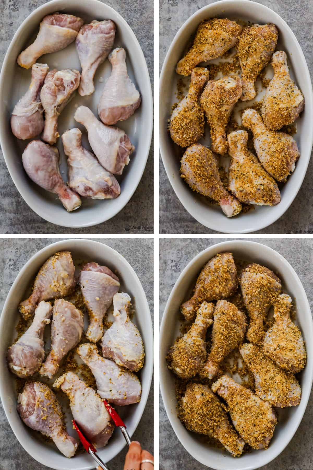 Homemade shake and bake mix is sprinkled on chicken legs, and they are flipped and coated again.