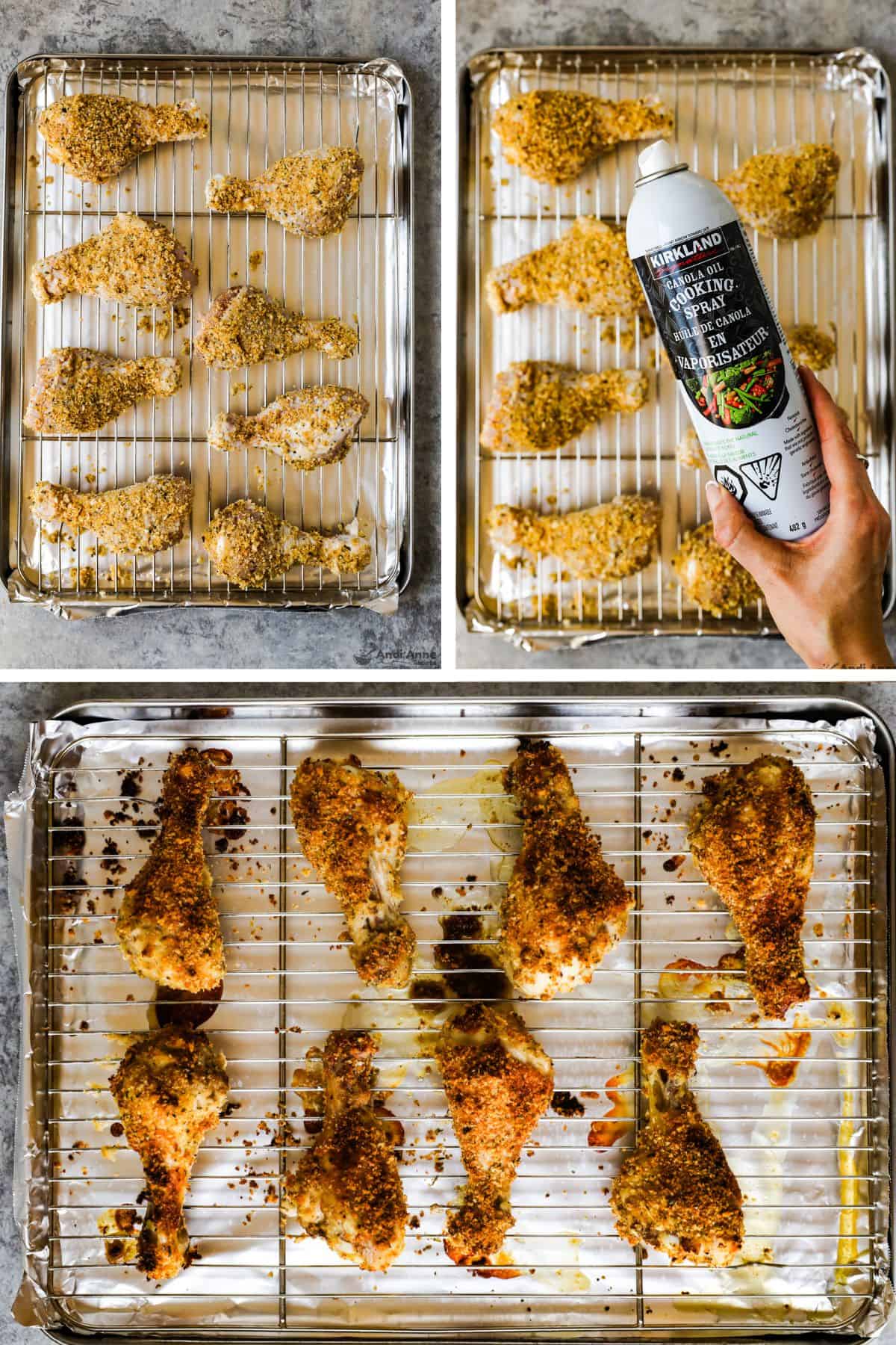 The chicken legs are placed on a wire rack on a baking sheet, and they are sprayed with oil and baked until crispy.