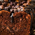 Brownie bread with hot fudge drizzled on top, with chocolate chips.
