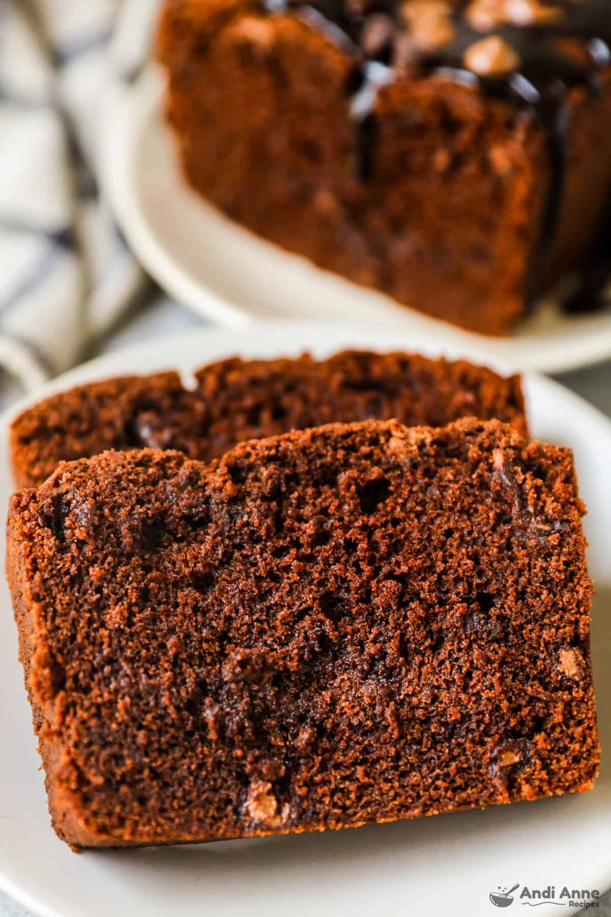 Two slices of brownie bread on a plate.