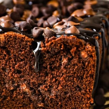 Brownie bread with hot fudge drizzled on top, with chocolate chips.