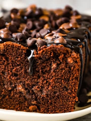 Brownie bread with hot fudge drizzled on top, with chocolate chips.