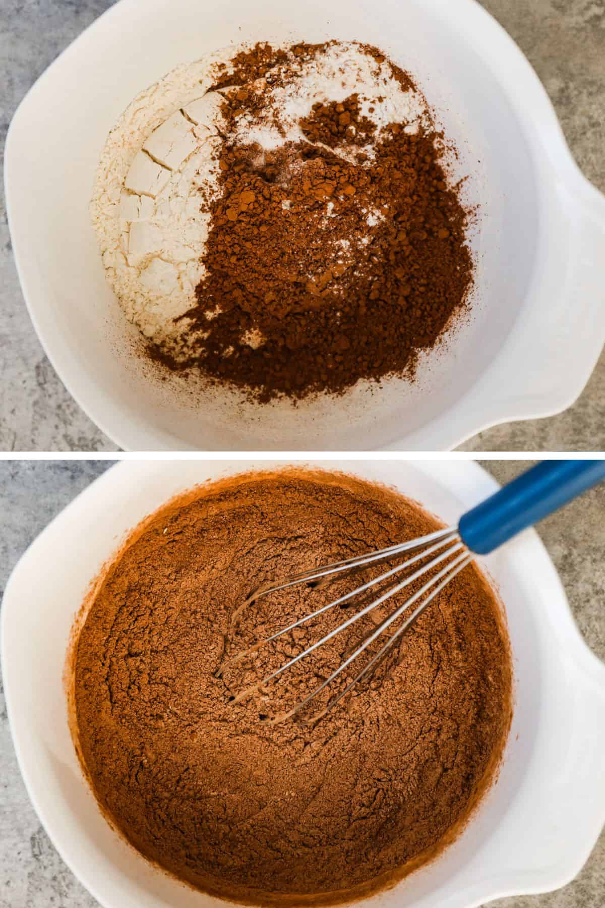 The dry ingredients are added to a large mixing bowl and whisked together.