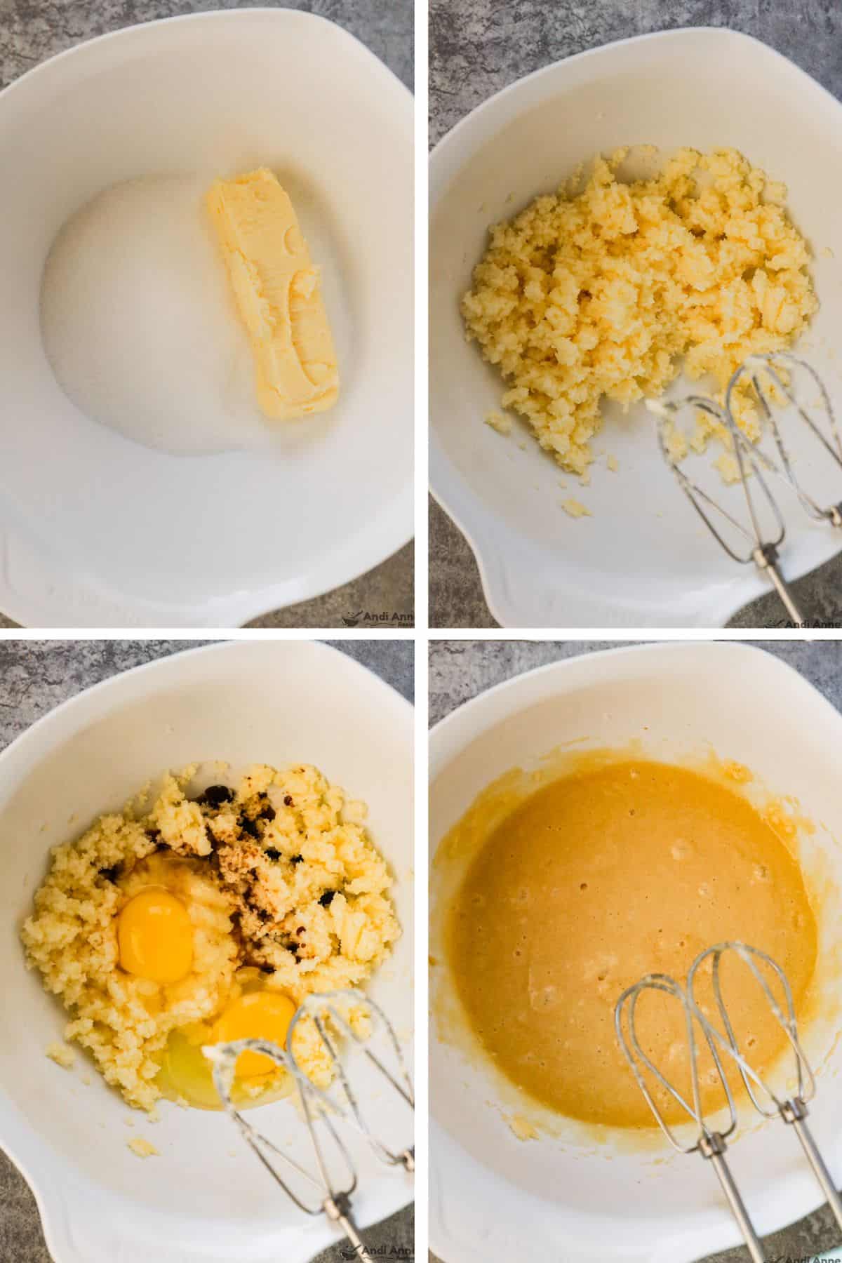 Butter and granulated sugar are creamed together, then the eggs and vanilla are added and mixed with a hand mixer until smooth.