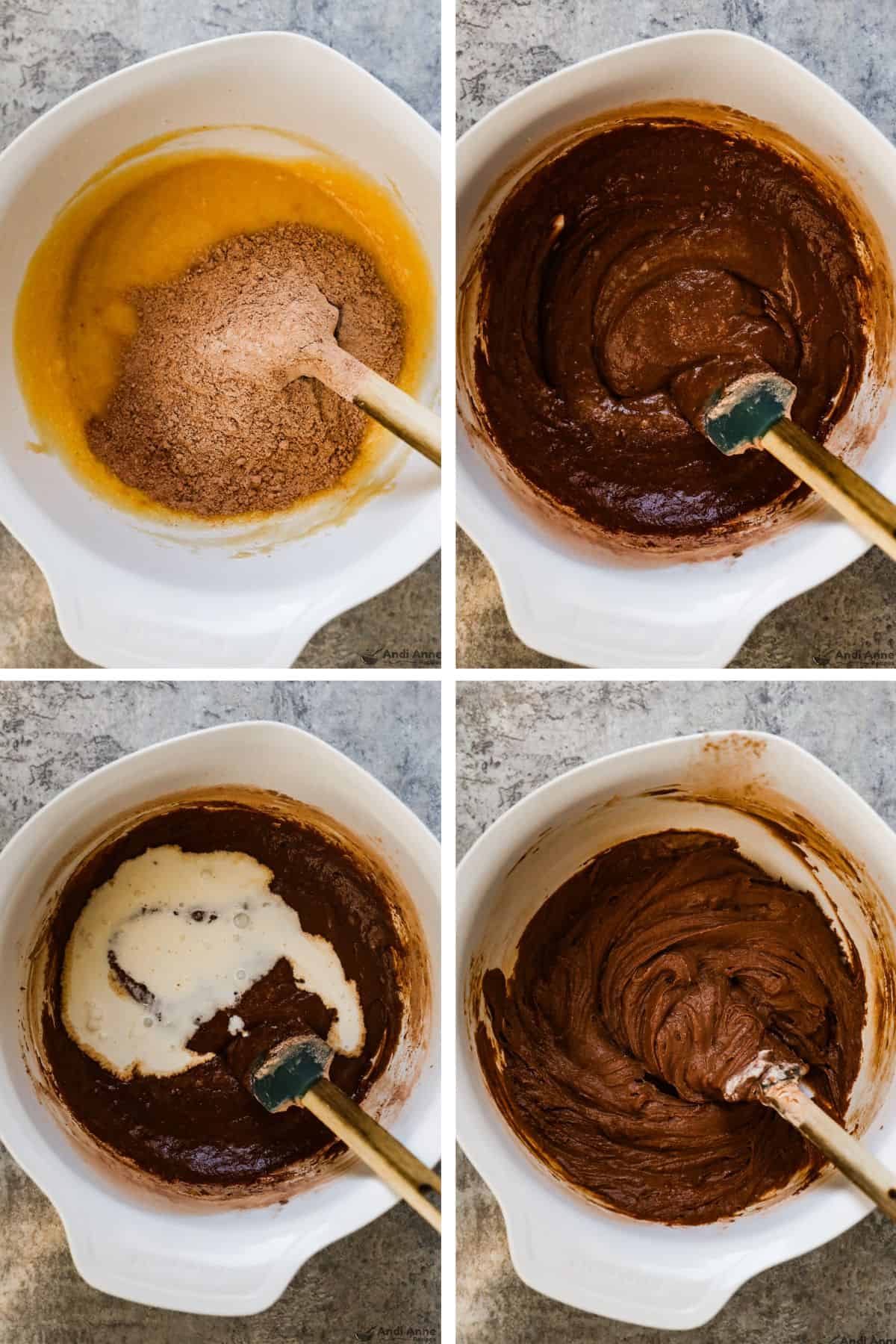 The dry ingredients are added to the butter, eggs, sugar, and vanilla and mixed with a spatula. The heavy cream is then added, and everything is mixed together.