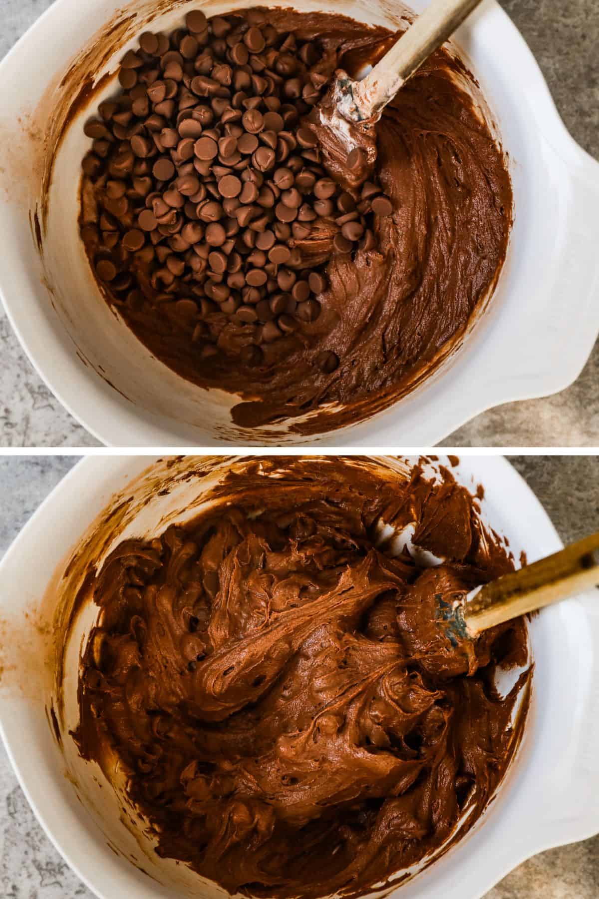 Chocolate chips are folded into the brownie bread batter.