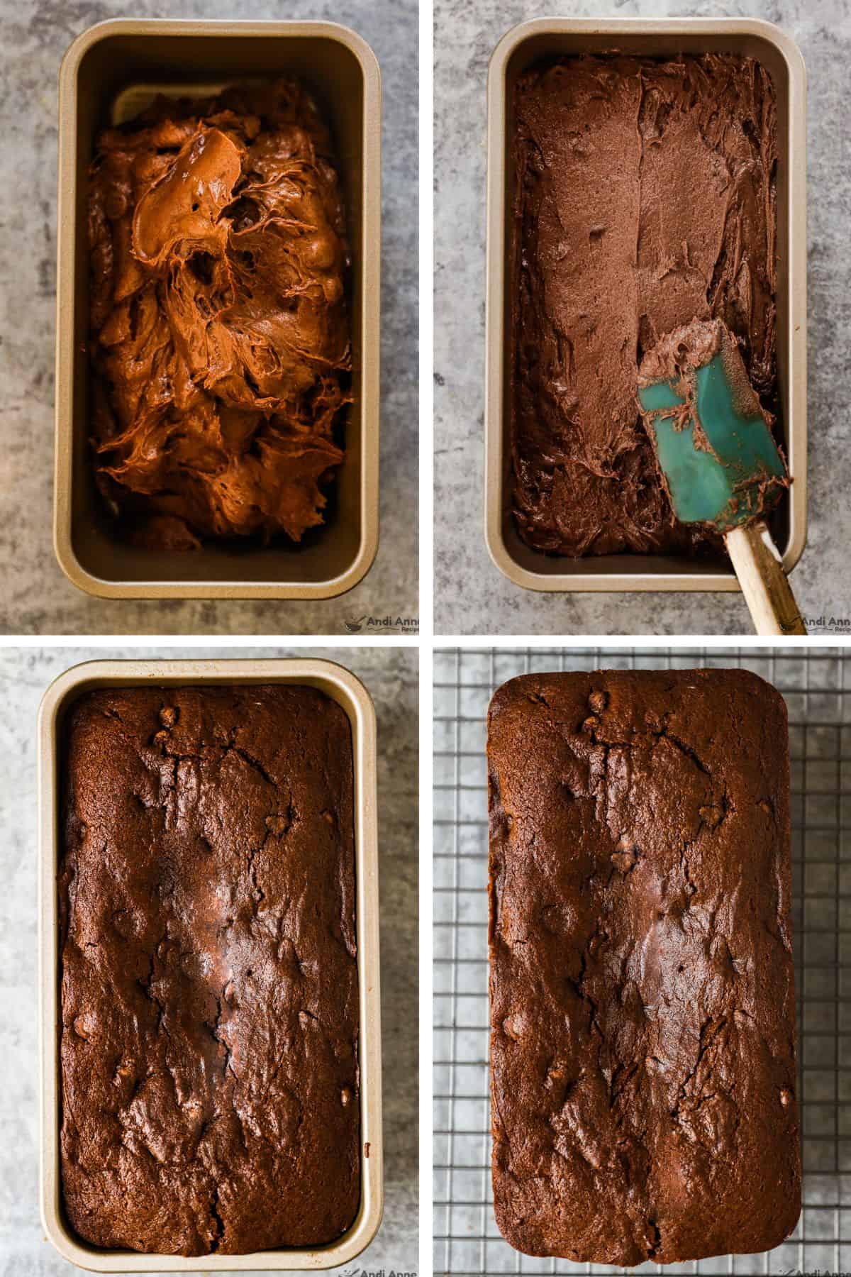 The brownie bread batter is poured into a loaf pan, smoothed out, and then baked and cooled on a wire rack.