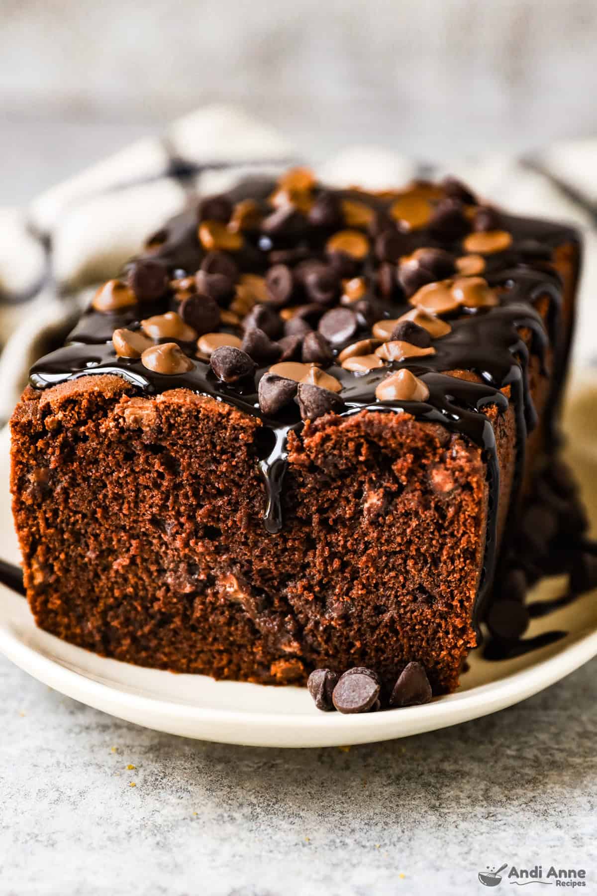 The brownie bread is drizzled with hot fudge sauce and topped with chocolate chips.