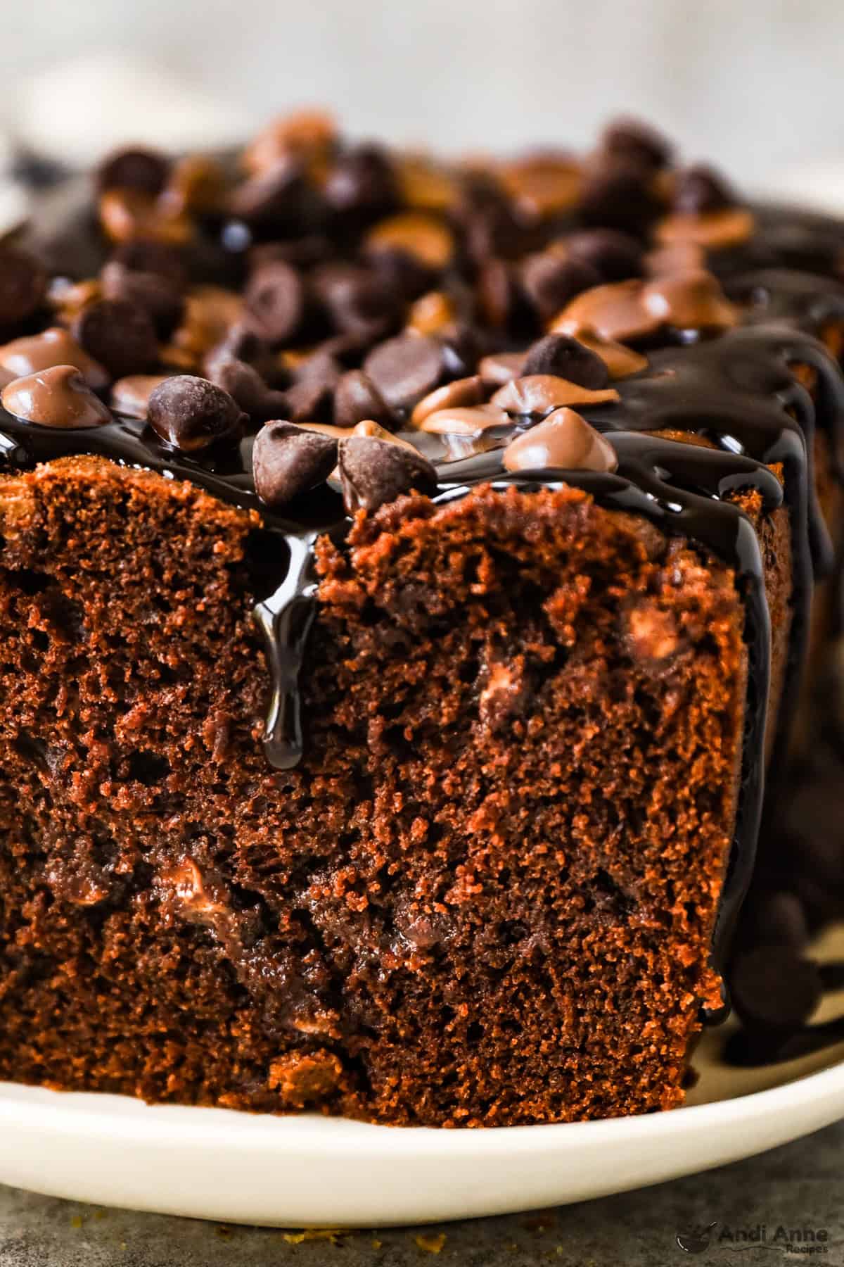 Brownie bread with hot fudge drizzled on top, with chocolate chips.