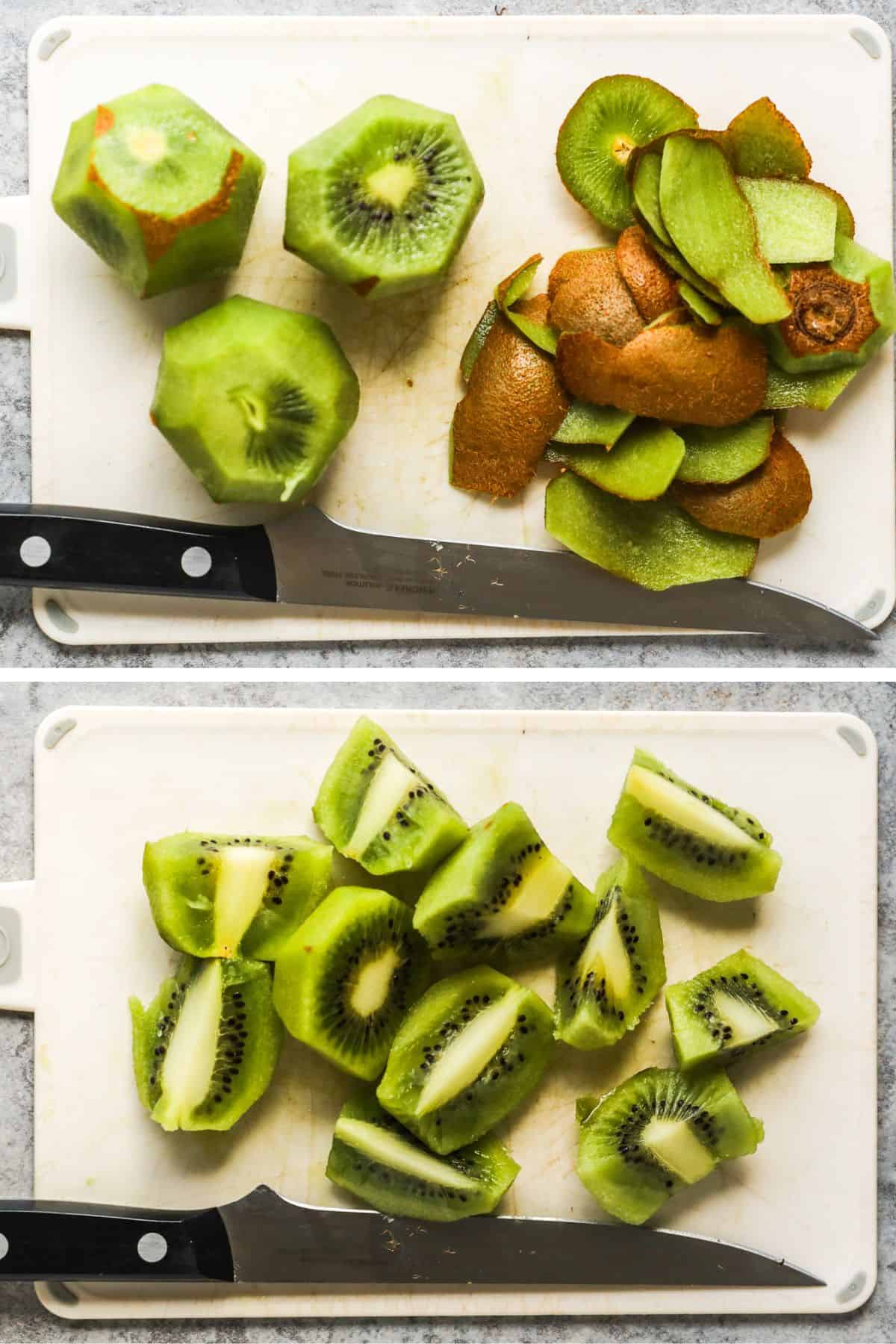 Kiwis are peeled and chopped.