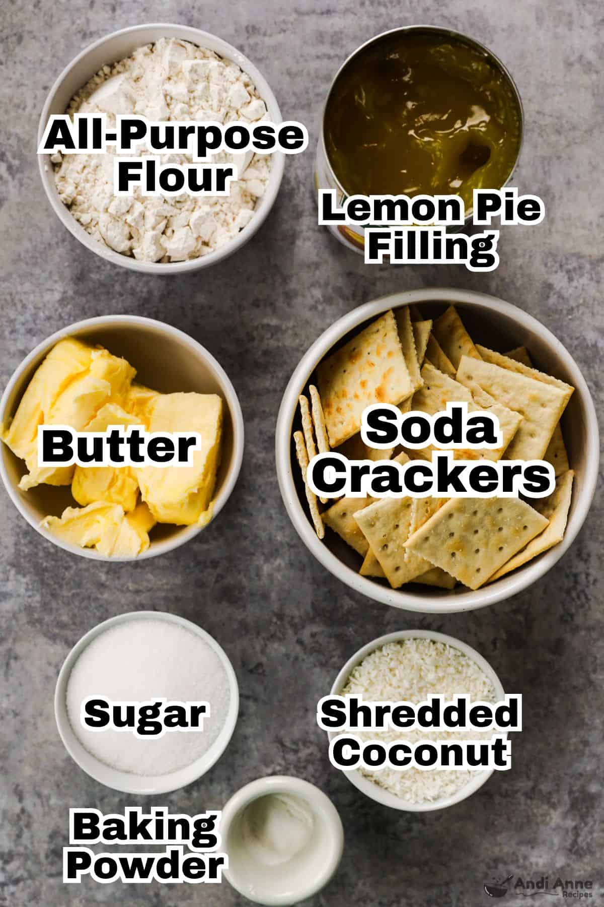 The ingredients to make lemon bars are in small individual bowls.