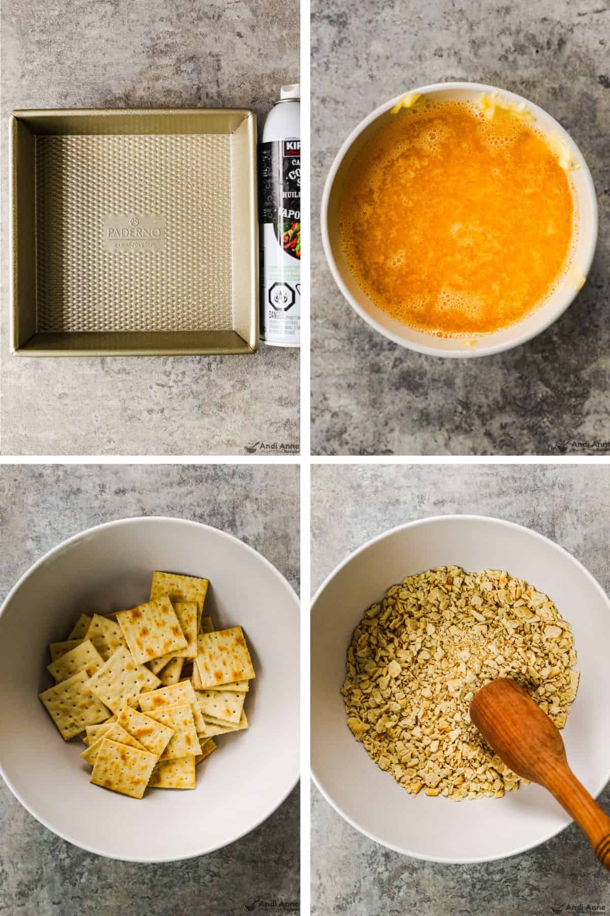 A square baking pan is sprayed with non-stick spray, a bowl of melted butter, a bowl of soda crackers, and then a bowl of crushed soda crackers.