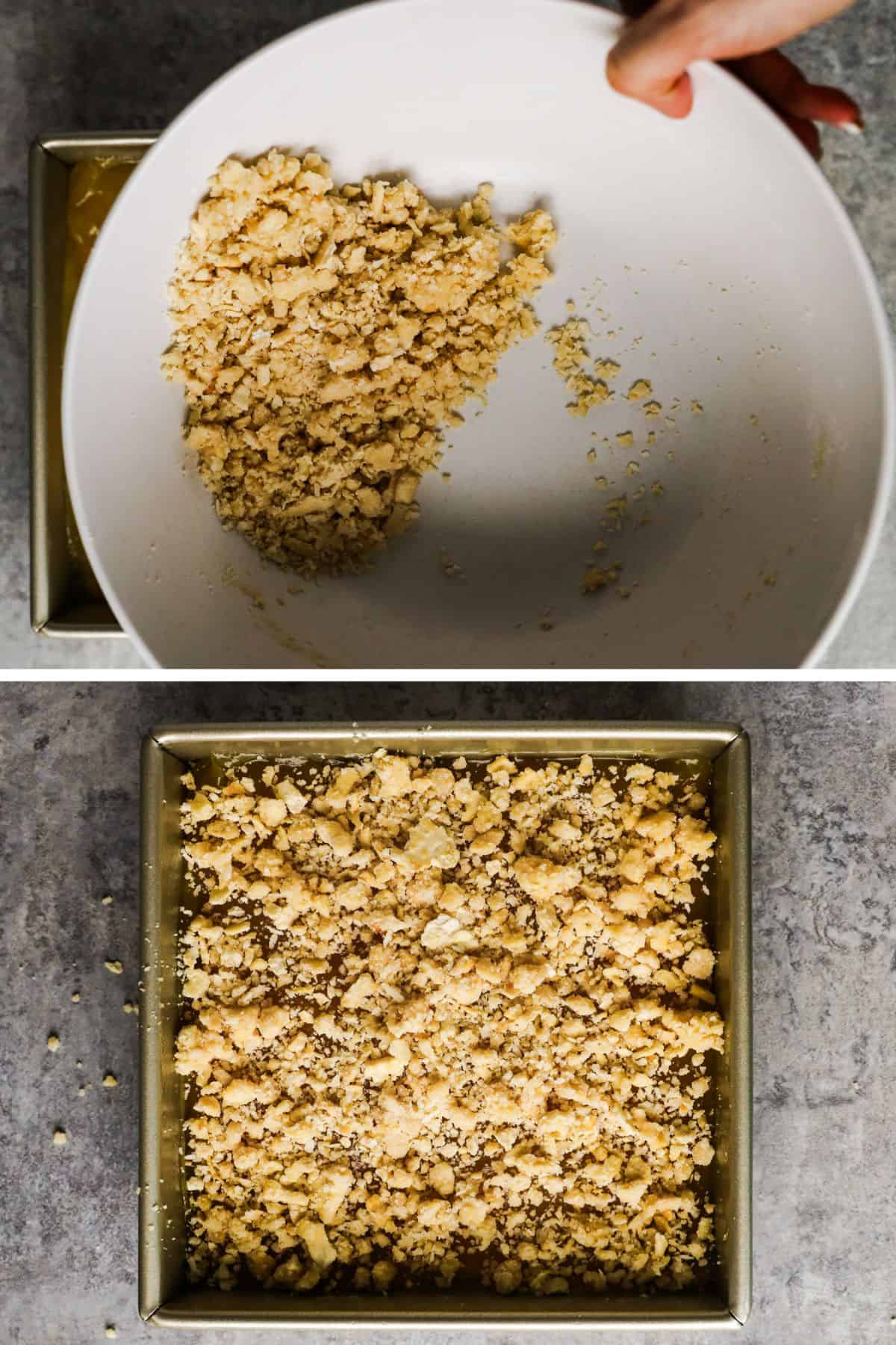The remaining quarter of the crust mixture is sprinkled over the lemon filling.