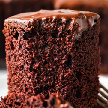A slice of chocolate cake on a plate.