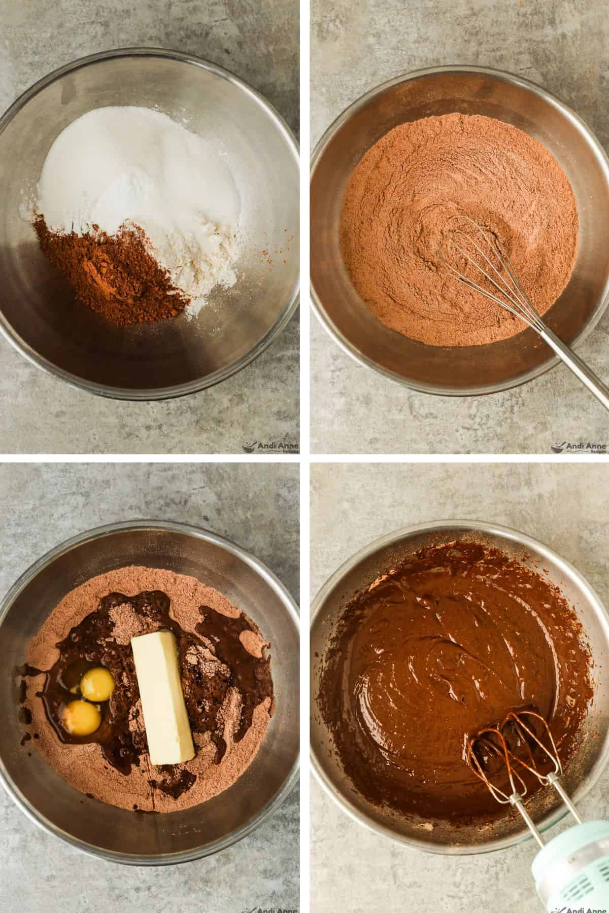 The chocolate cake ingredients are added to a bowl, whisked together, then the wet ingredients are added, and then it is all mixed together with a whisk.