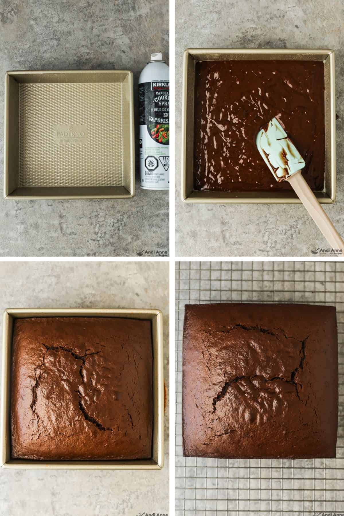 A square baking pan and no stick spray, the old-fashioned chocolate cake is spread into the pan, the cake after baking, and the cake is removed from the baking pan and cooled on a wire rack