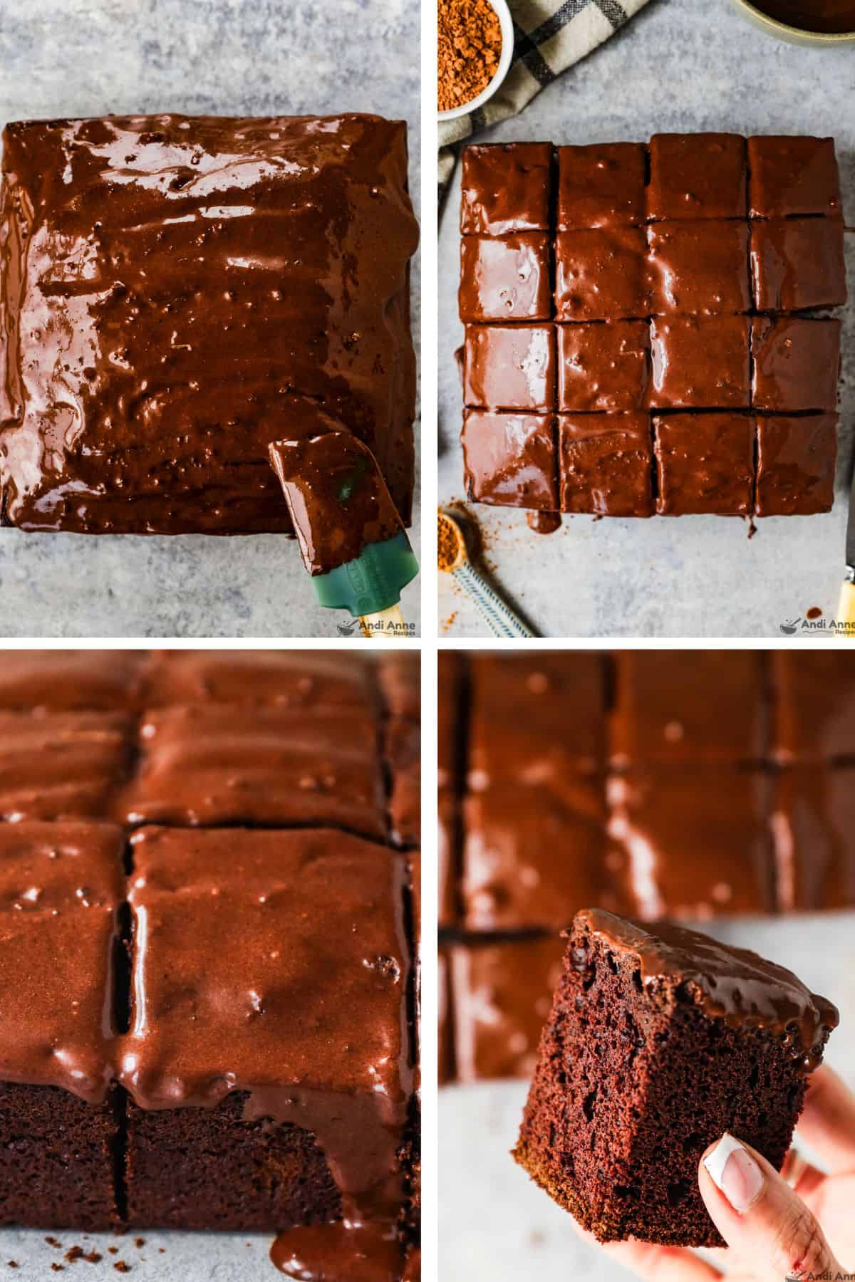A layer of frosting is spread on old-fashioned chocolate cake, the cake is sliced into sixteen squares, a close-up of the frosting is shown, and then a close-up of a slice of the cake.