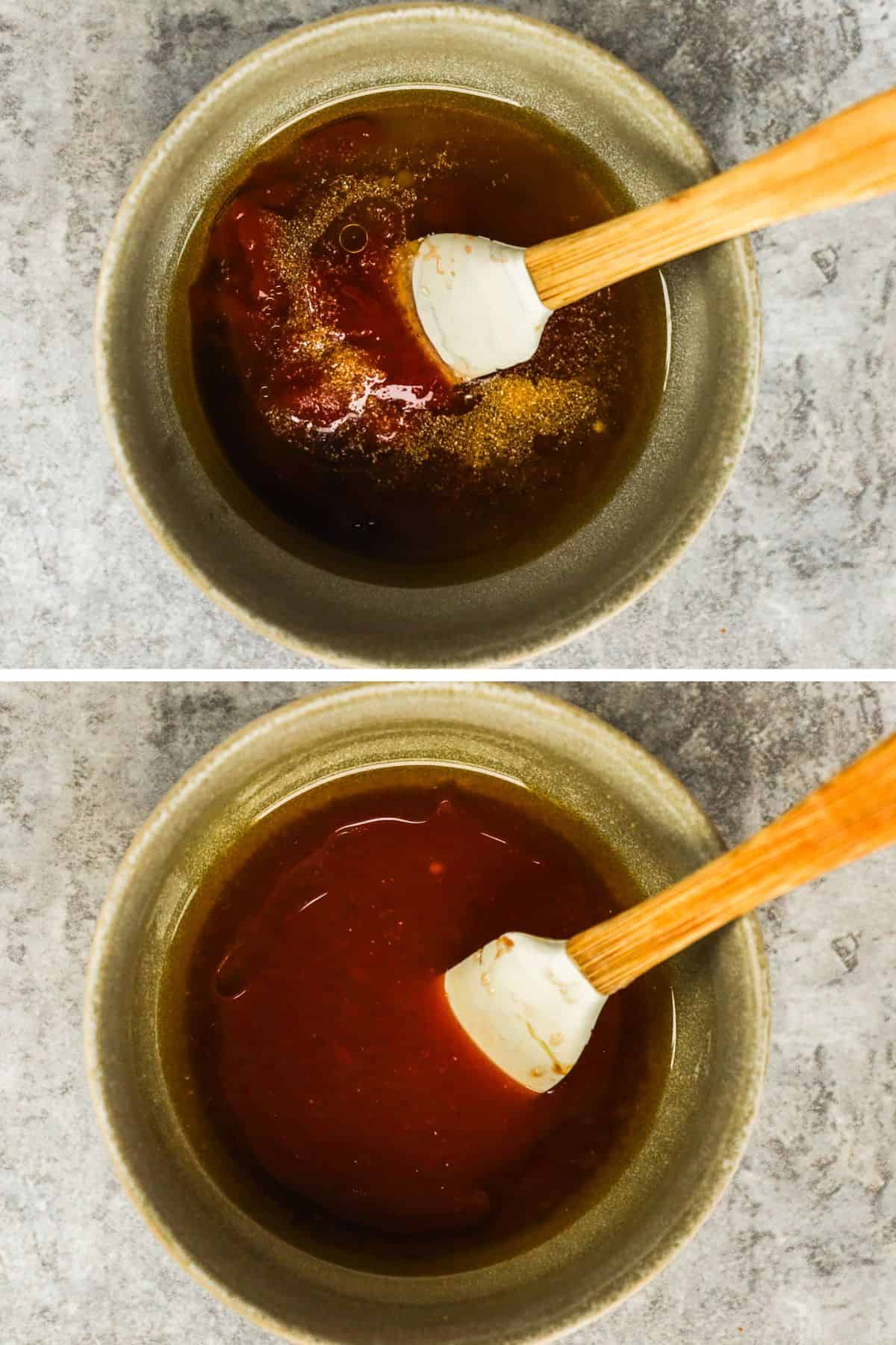 The ingredients for the classic spinach salad dressing are mixed together in a small bowl.