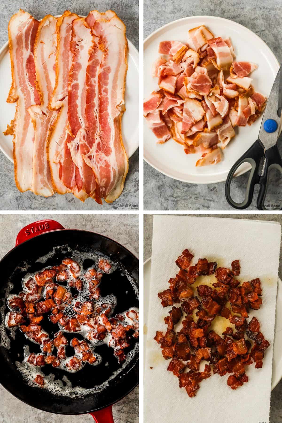 Slices of bacon are chopped, then fried until crispy, then laid on a paper towel to drain some of the grease.