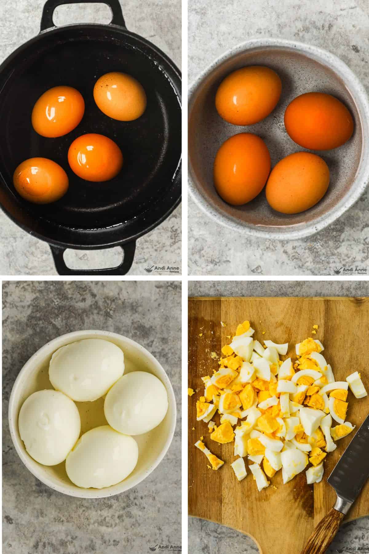Eggs are hard-boiled in a pot, cooled, peeled, and then chopped.