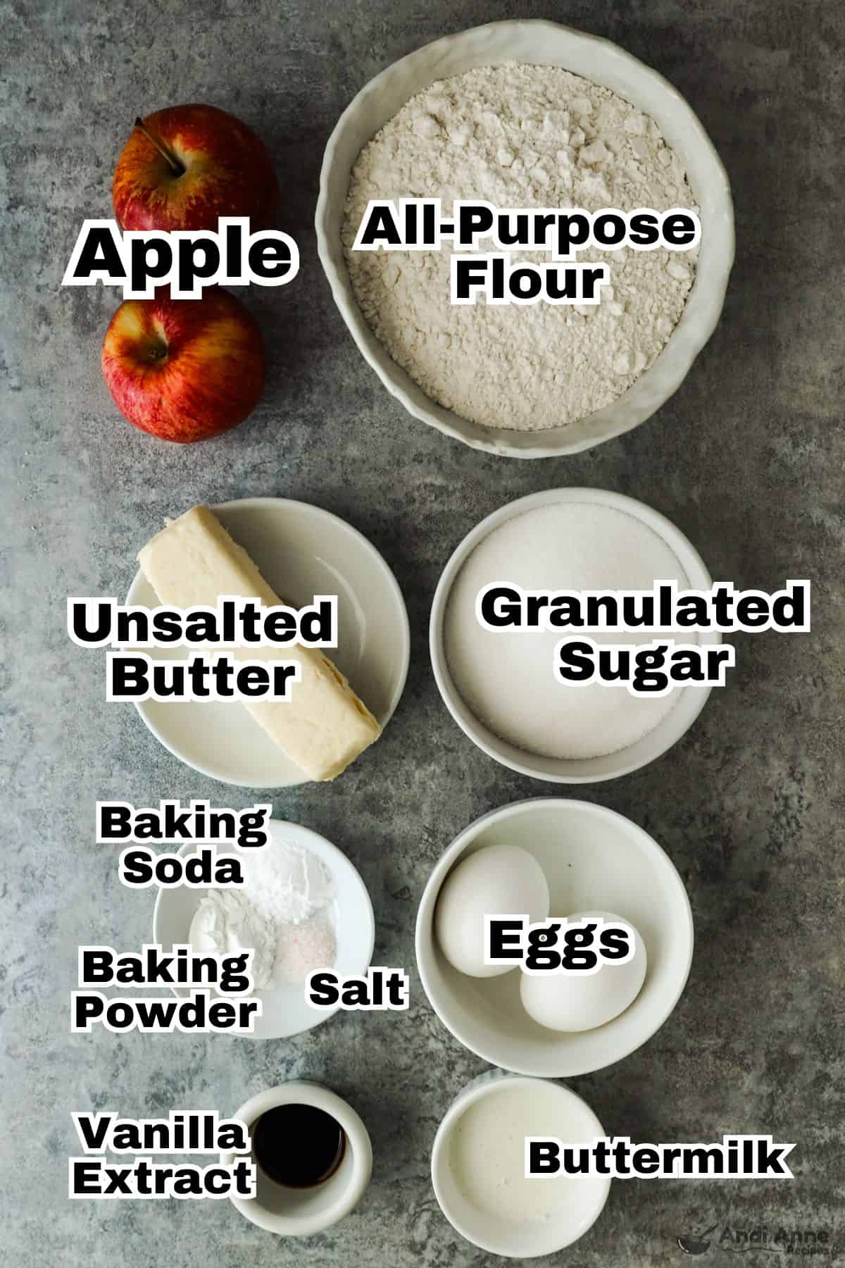 The ingredients to make apple bread are in small individual bowls.