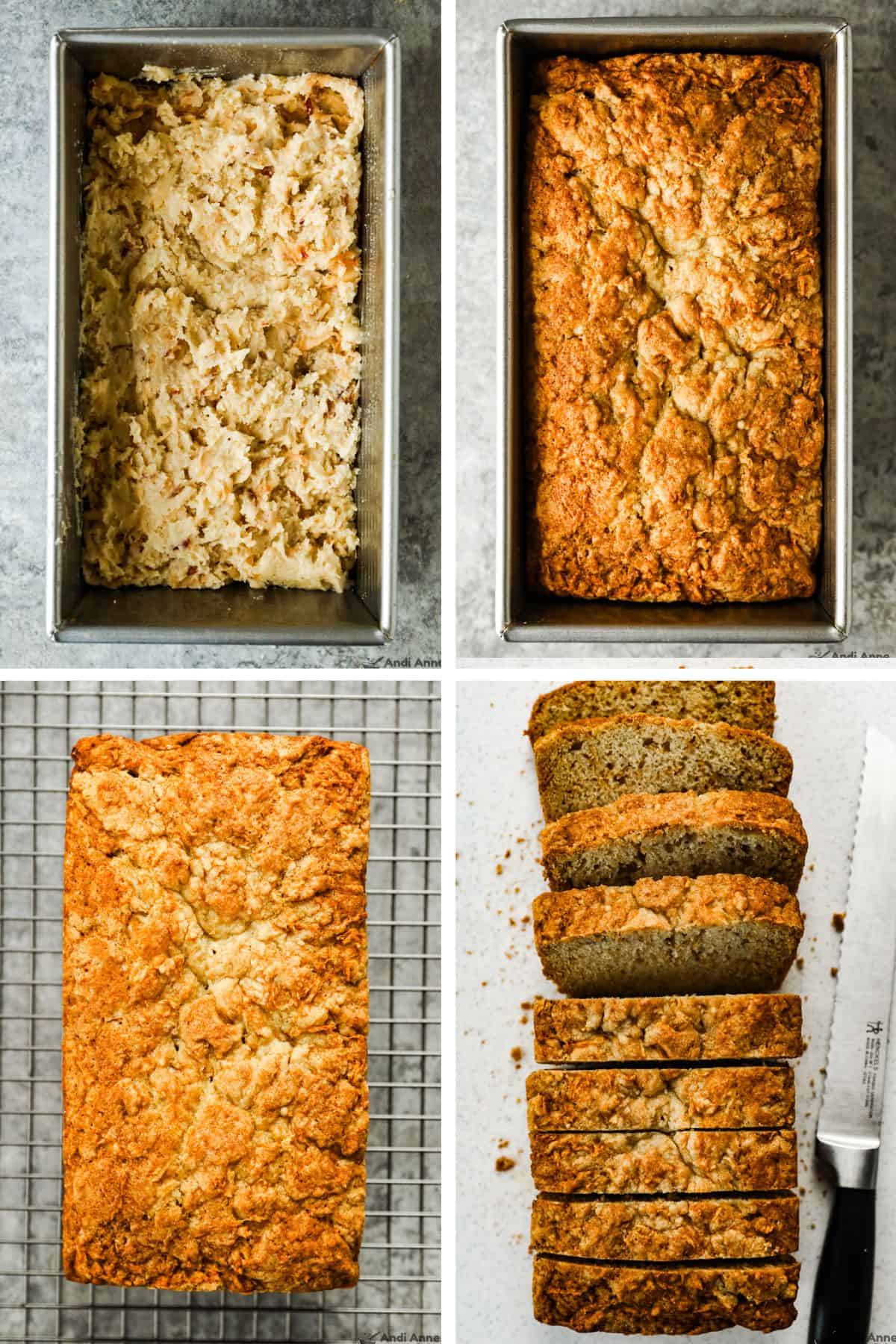 The apple bread batter is put in the loaf pan, baked until golden, removed from the pan, put on a wire rack, and then sliced once cooled.