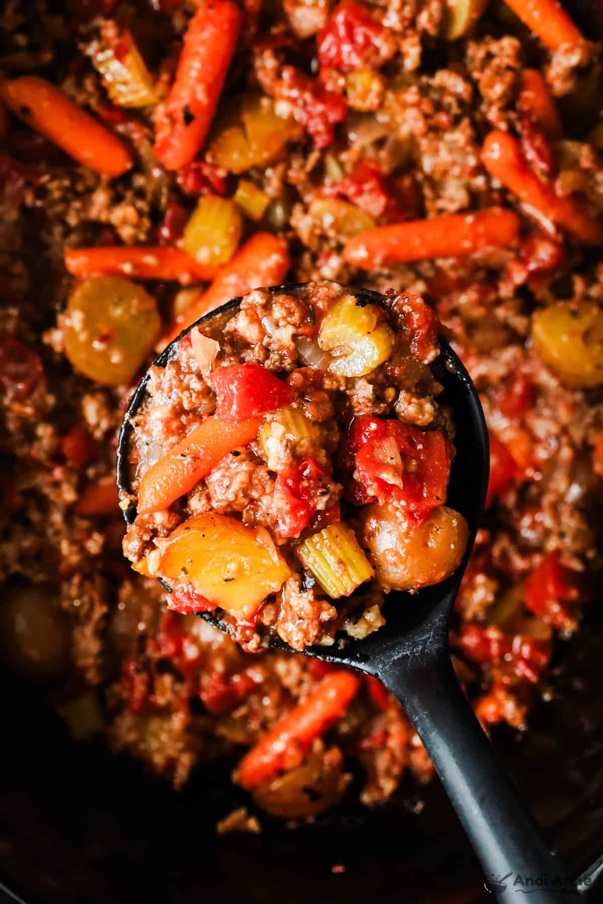 A spoonful of stew over a crockpot of stew.