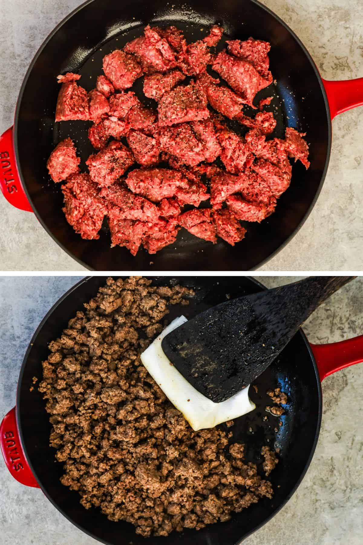 One pound of ground beef is browned in a pan. A paper towel is used to remove excess grease.