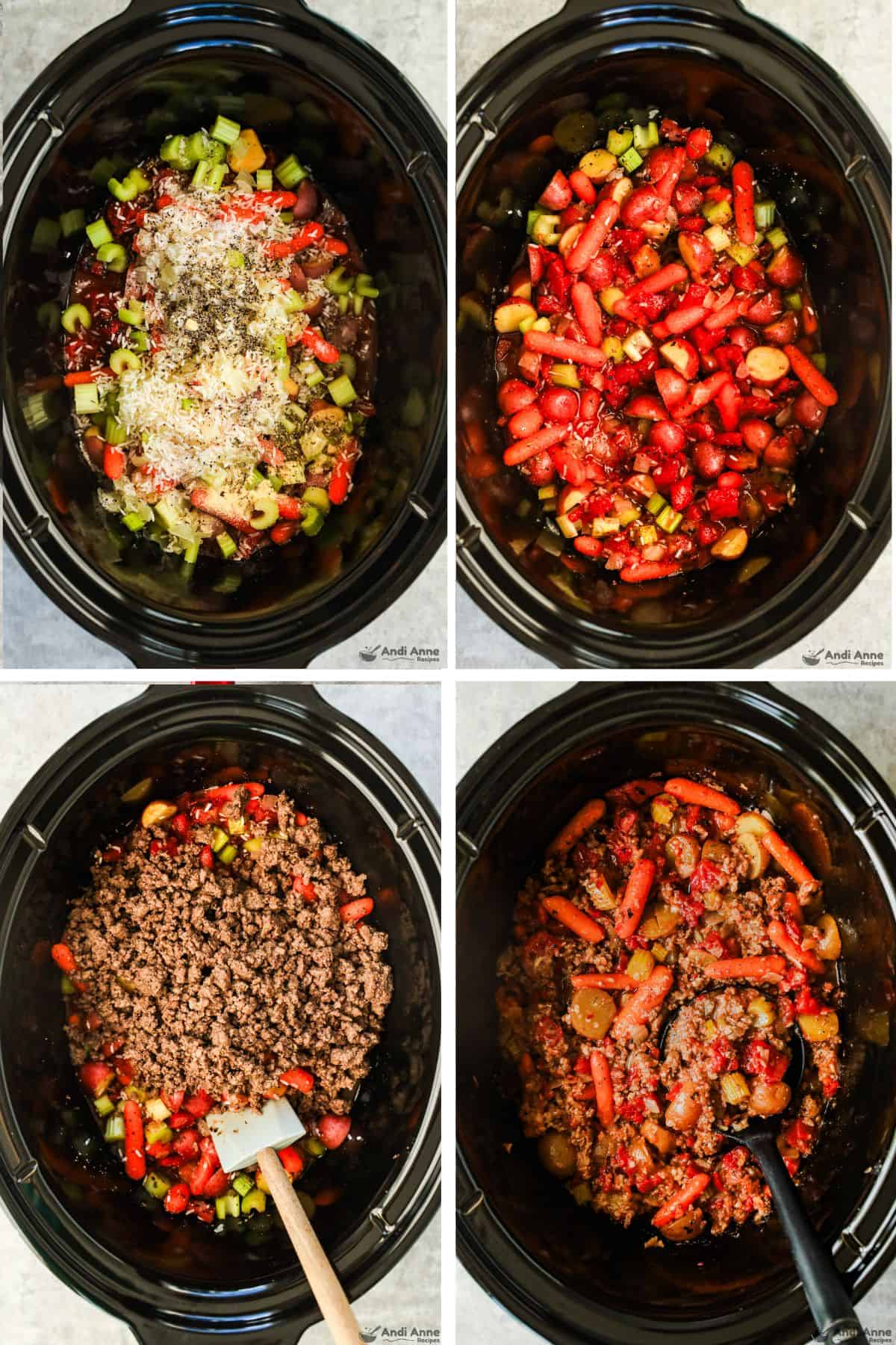 Baby potatoes, baby carrots, chopped celery, chopped onion, and uncooked rice in a crockpot, then canned tomato and browned ground beef are added.  