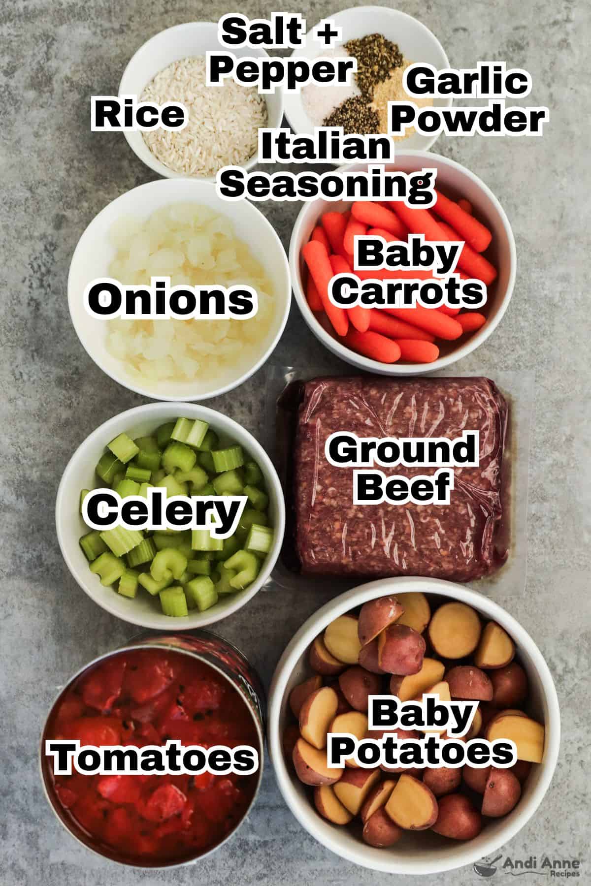 The ingredients to make Crockpot beef stew are in small individual bowls.