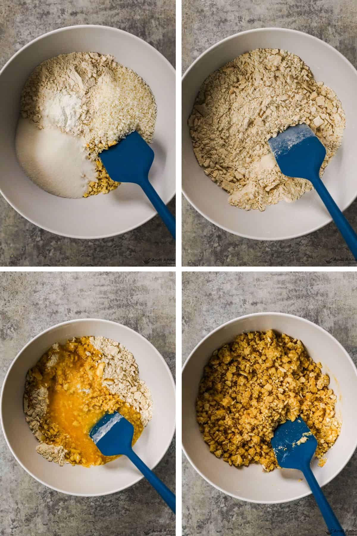 Flour, sugar, coconut, and crackers are mixed in a large white bowl, then the melted butter is added, and then the ingredients are mixed together.