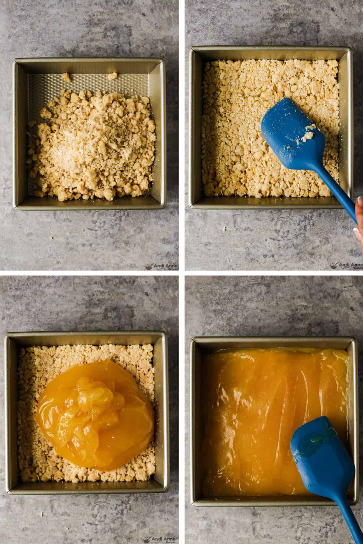 The mixture is poured into the baking pan and firmly pressed down, lemon pie filling is poured onto the crust, and then spread with a spatula.