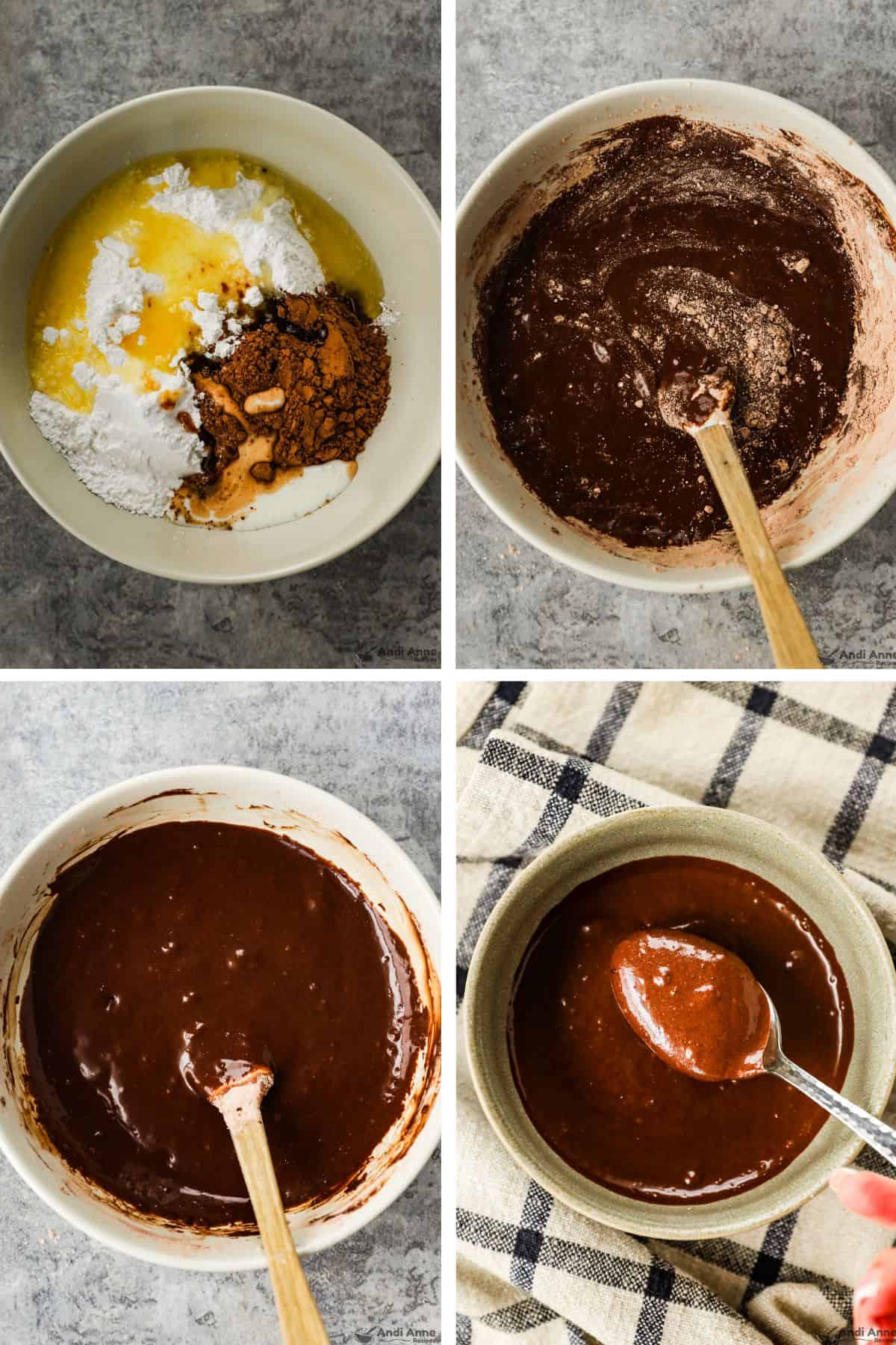 The chocolate frosting ingredients are in a bowl, they are then mixed together, and then a small spoon is filled with smooth frosting.