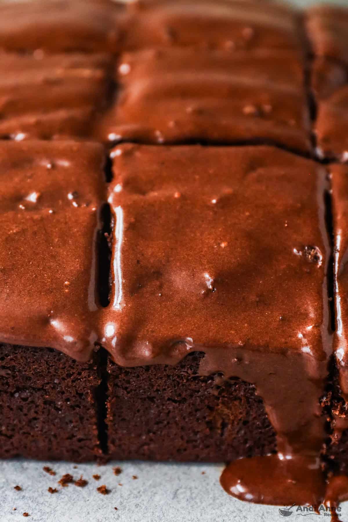 Old-fashioned chocolate frosting on cake.