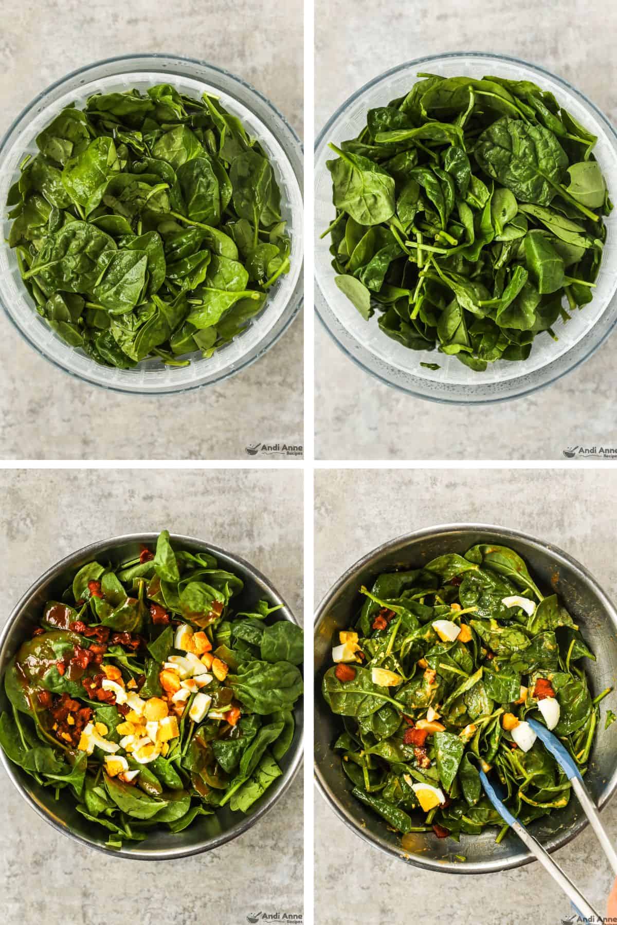 Spinach is washed in a salad spinner, then added to a metal bowl and topped with dressing, bacon, and hard-boiled eggs, and then the ingredients are tossed with tongs.