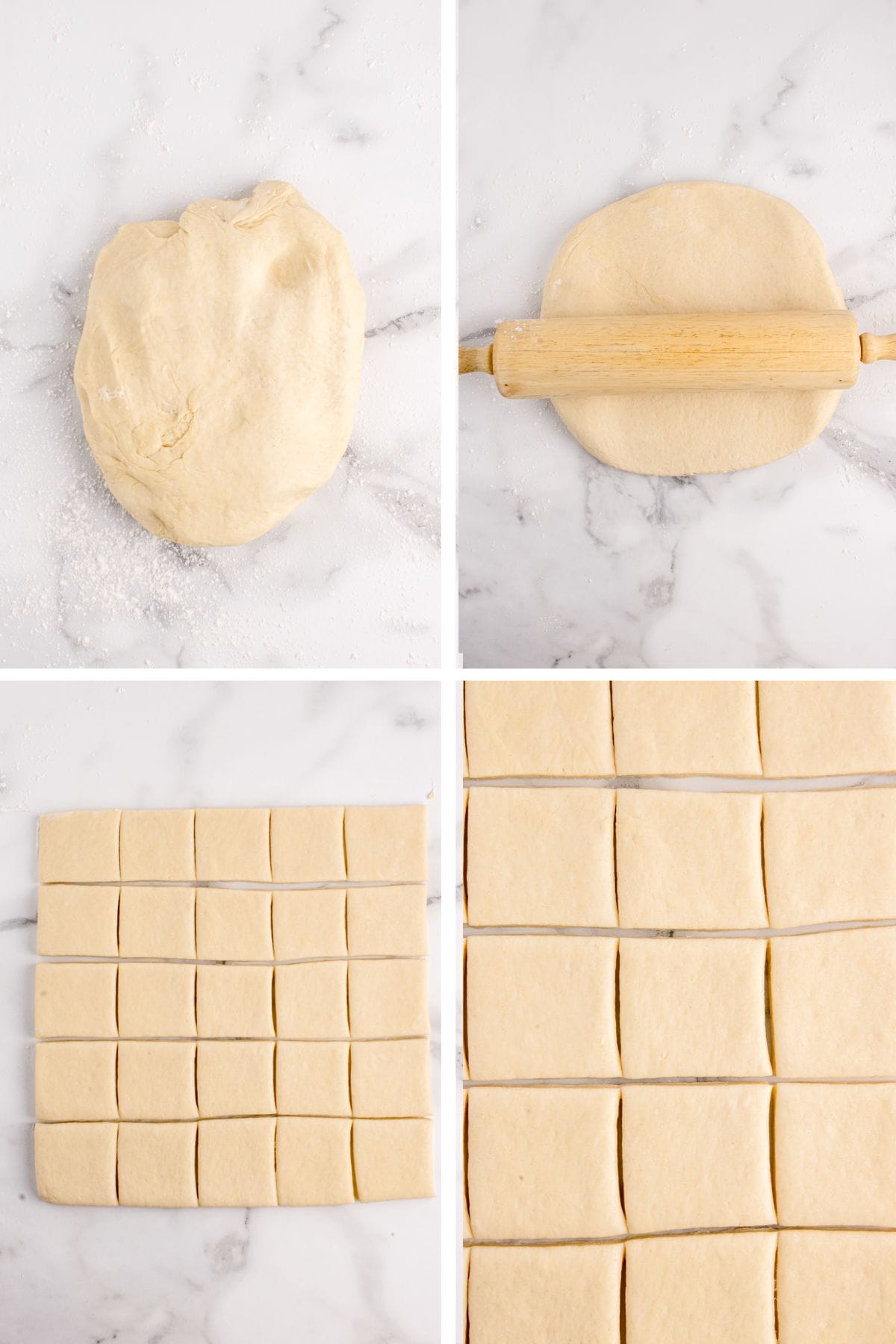 The beignet dough is rolled into a large square and then cut into smaller squares.