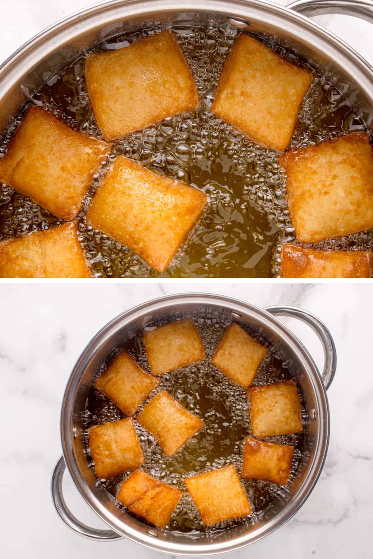 Beignets are fried in a large pot of oil.